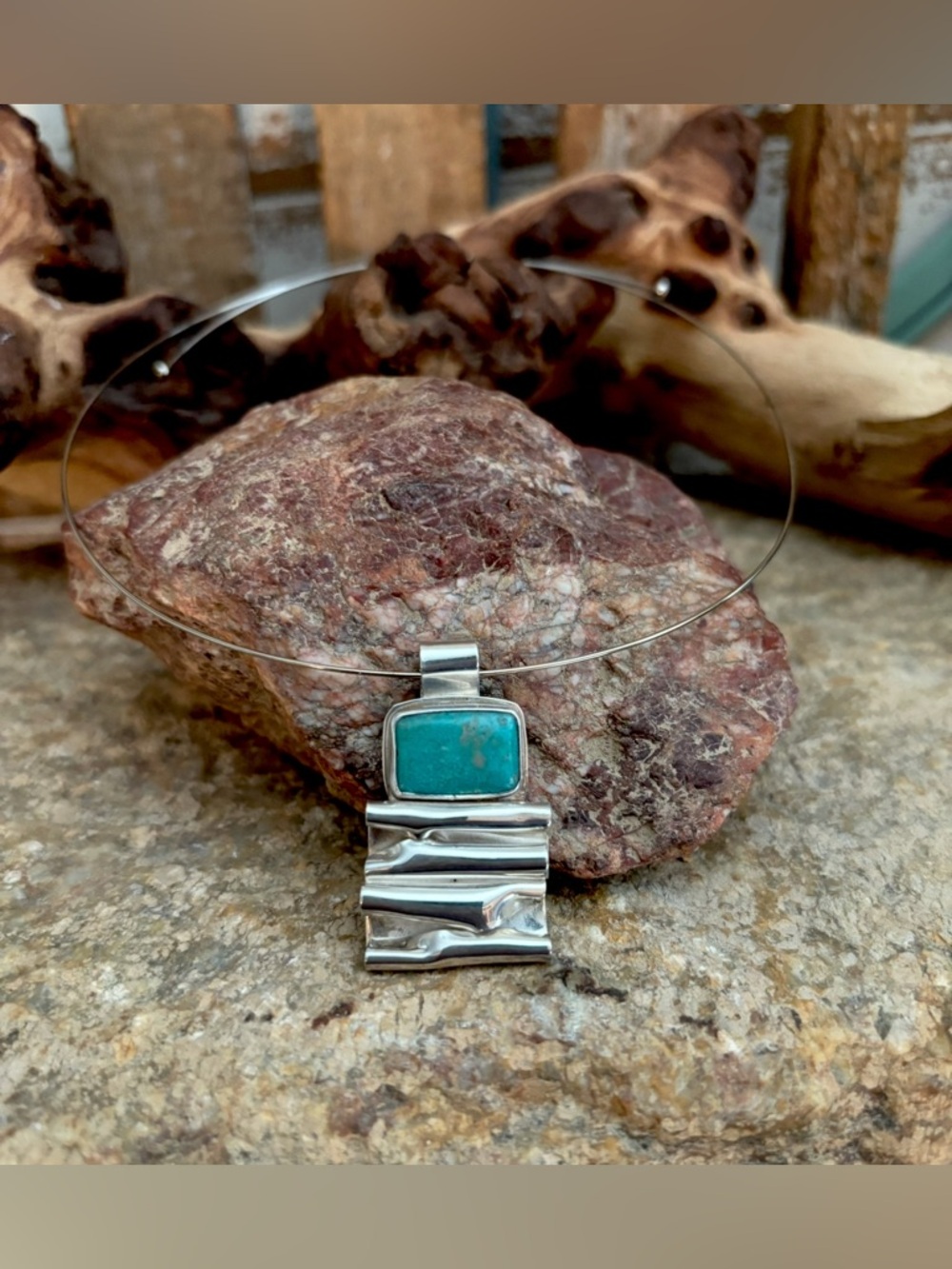 VTG Navajo Sterling Silver Natural Turquoise Rain Bar Pendant Signed Yazzie NEW